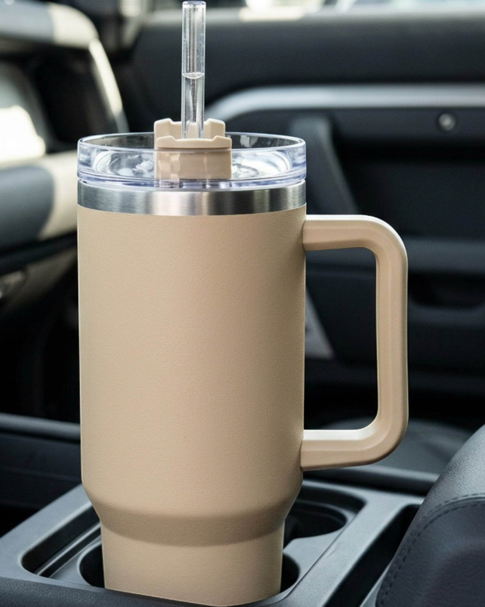 Tevnx Vacuum Insulated Travel Tumbler 24 fl oz Sandstone Handle and Straw Lid - Lifestyle view